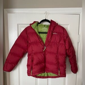 Kathmandu Kids 550 Loft Duck Down Puffer Jacket in Red w/Green Size Large w/Hood